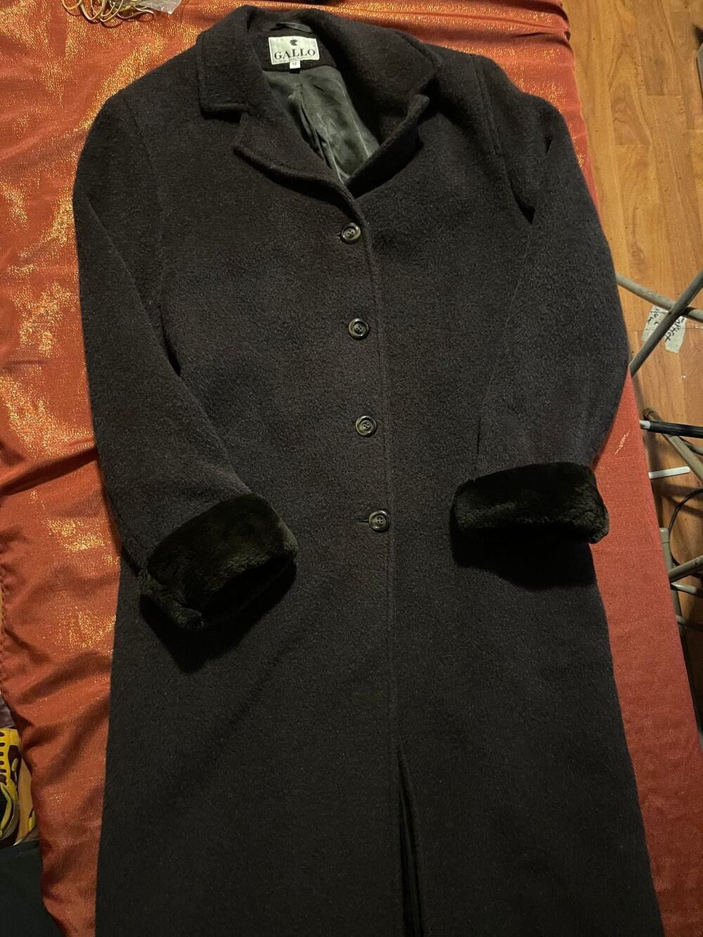 Gallo Coat Womens 12 Wool Long Button Front Faux Fur Cuff Black